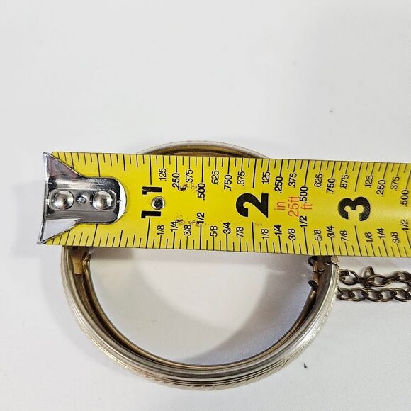 Vintage Gold Tone Textured Hinged Clamp Chunky Bangle Bracelet With Safety Chain - Picture 9 of 9